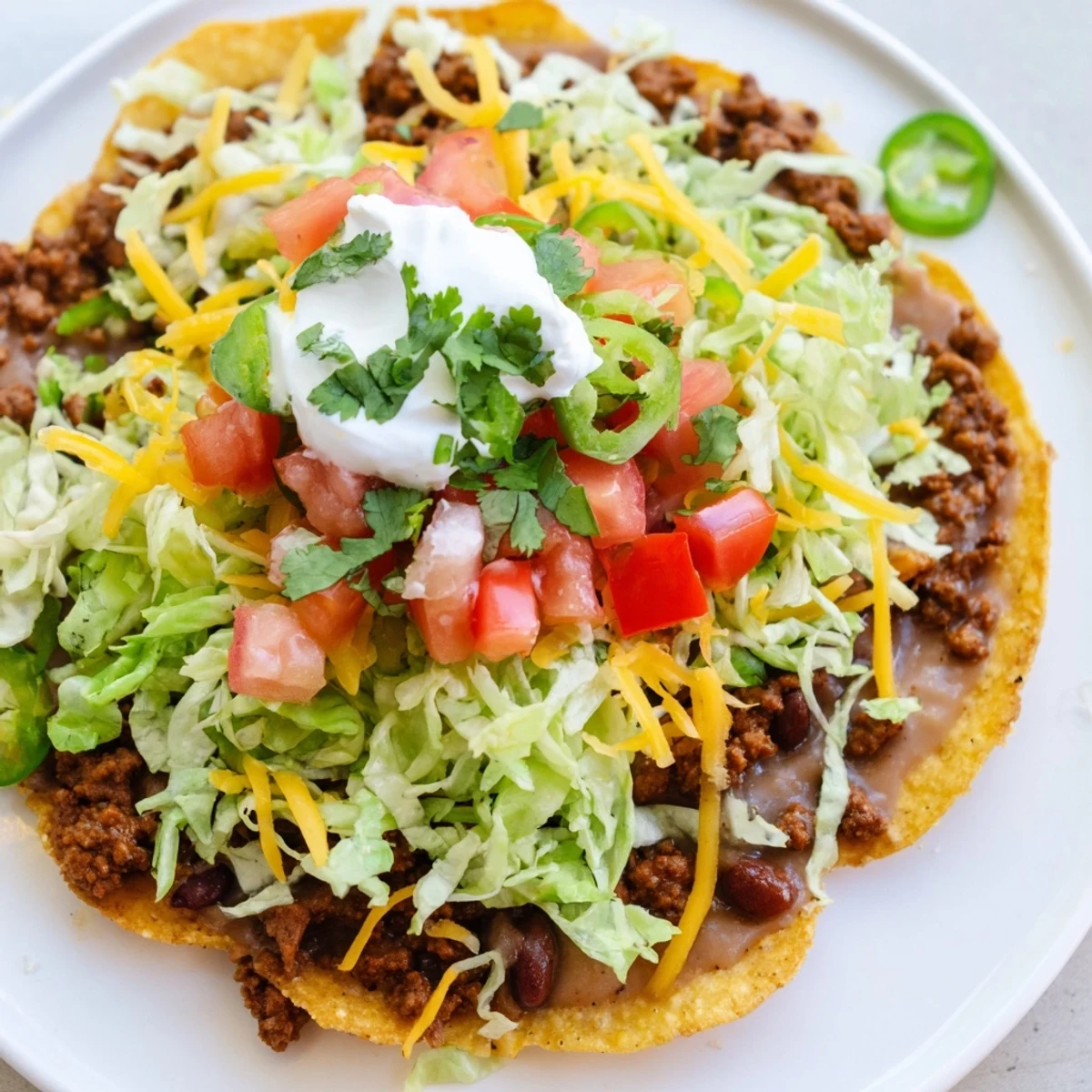 Crispy corn tostadas layered with seasoned ground beef, creamy refried beans, shredded lettuce, and fresh toppings for a vibrant Mexican-inspired meal.