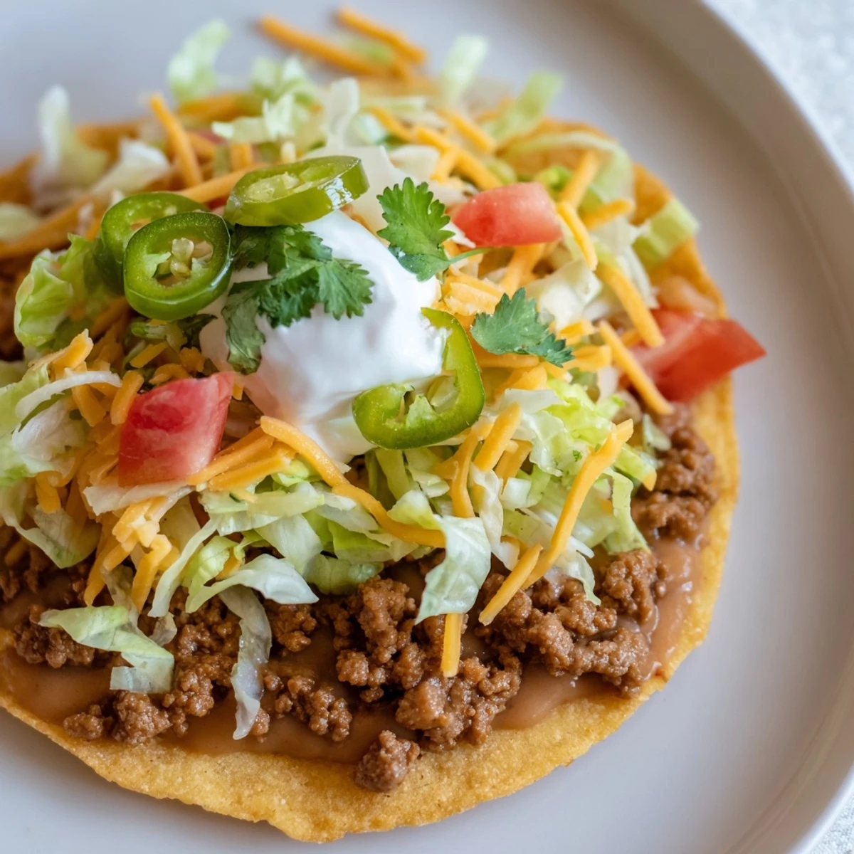 Warm tostada shells spread with savory refried beans, piled high with seasoned beef, crisp lettuce, and colorful garnishes for a festive platter.