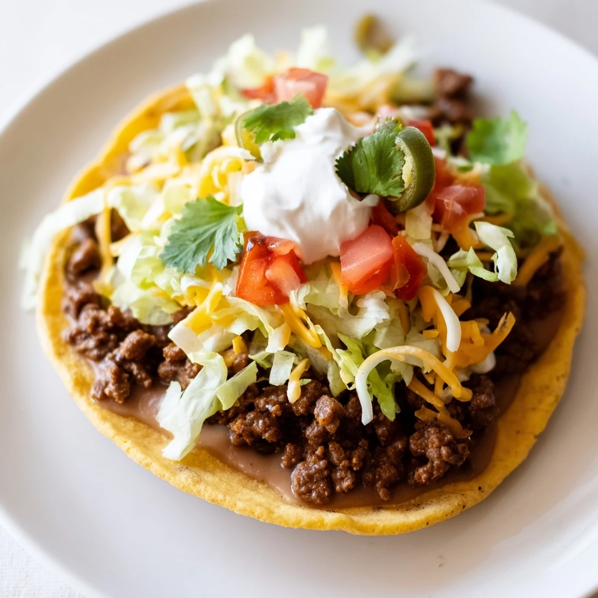 Hearty beef tostadas topped with melted cheese, diced tomatoes, and a squeeze of lime, served ready for a quick weeknight dinner.