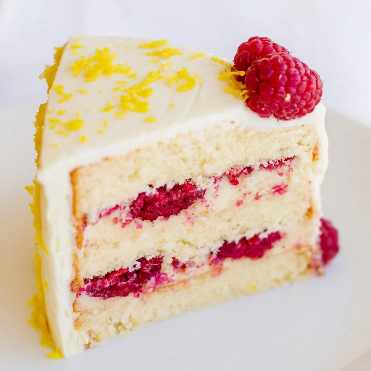 Moist lemon raspberry layer cake stacked high, adorned with fresh berries and a generous swirl of tangy cream cheese frosting on top.