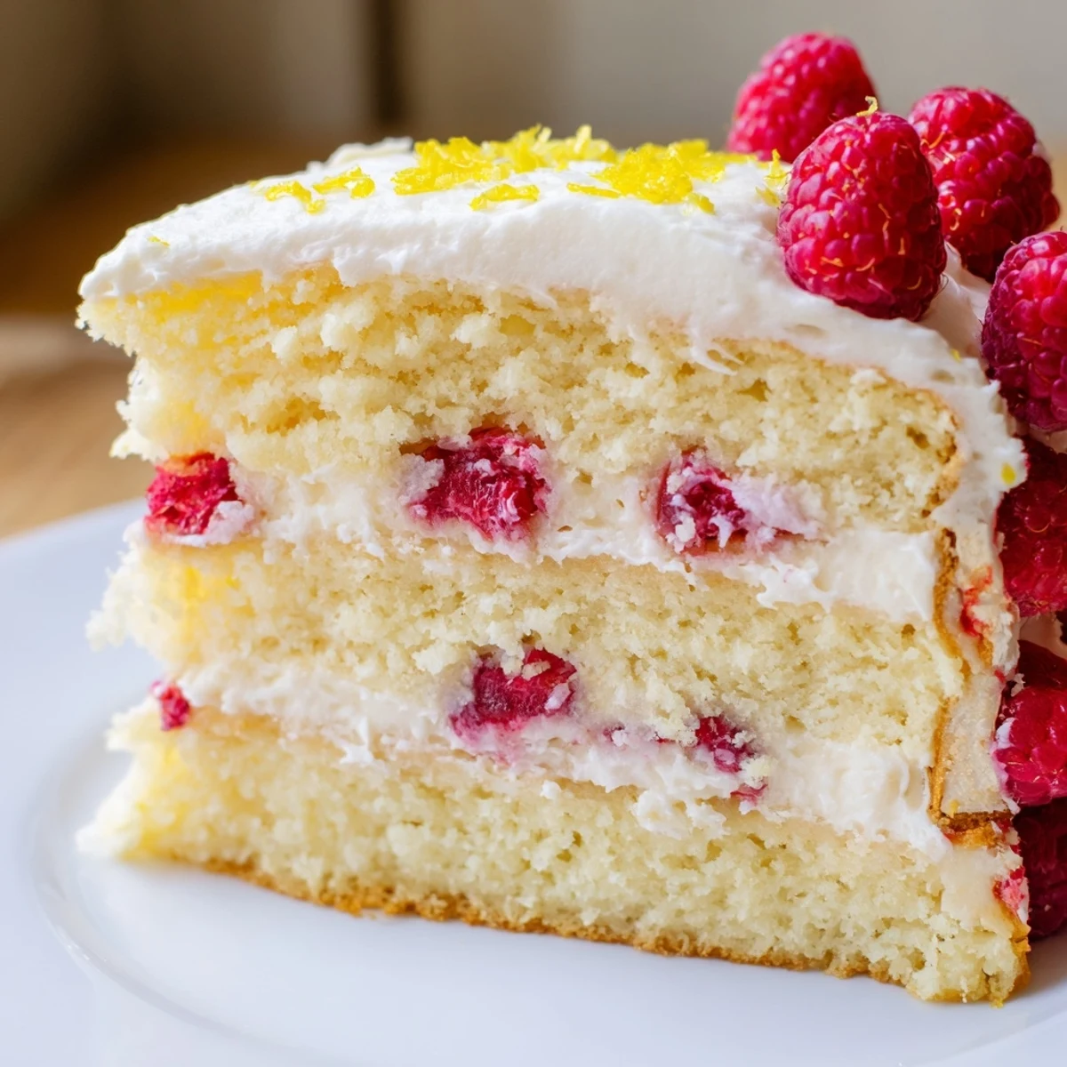 Bright lemon cake layers with raspberry filling and creamy frosting, presented on a white plate for a classic American dessert moment.