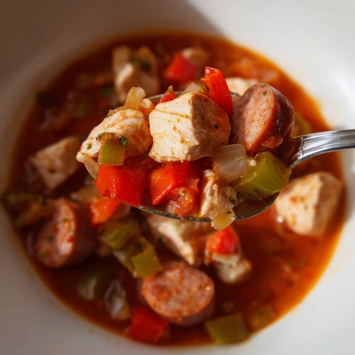 A close-up of Creole Chicken and Sausage Stew simmering in a pot, featuring tender chunks of meat and colorful peppers in a rich, aromatic broth.  