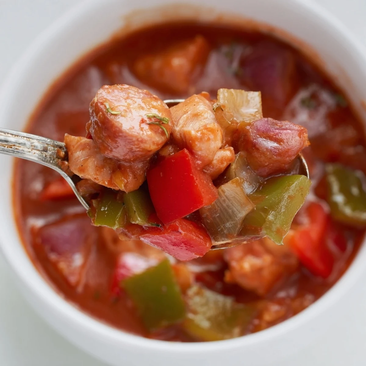 Hearty Creole Chicken and Sausage Stew in a rustic Dutch oven, showcasing the deep red tomato base and savory halal chicken and sausage combination.