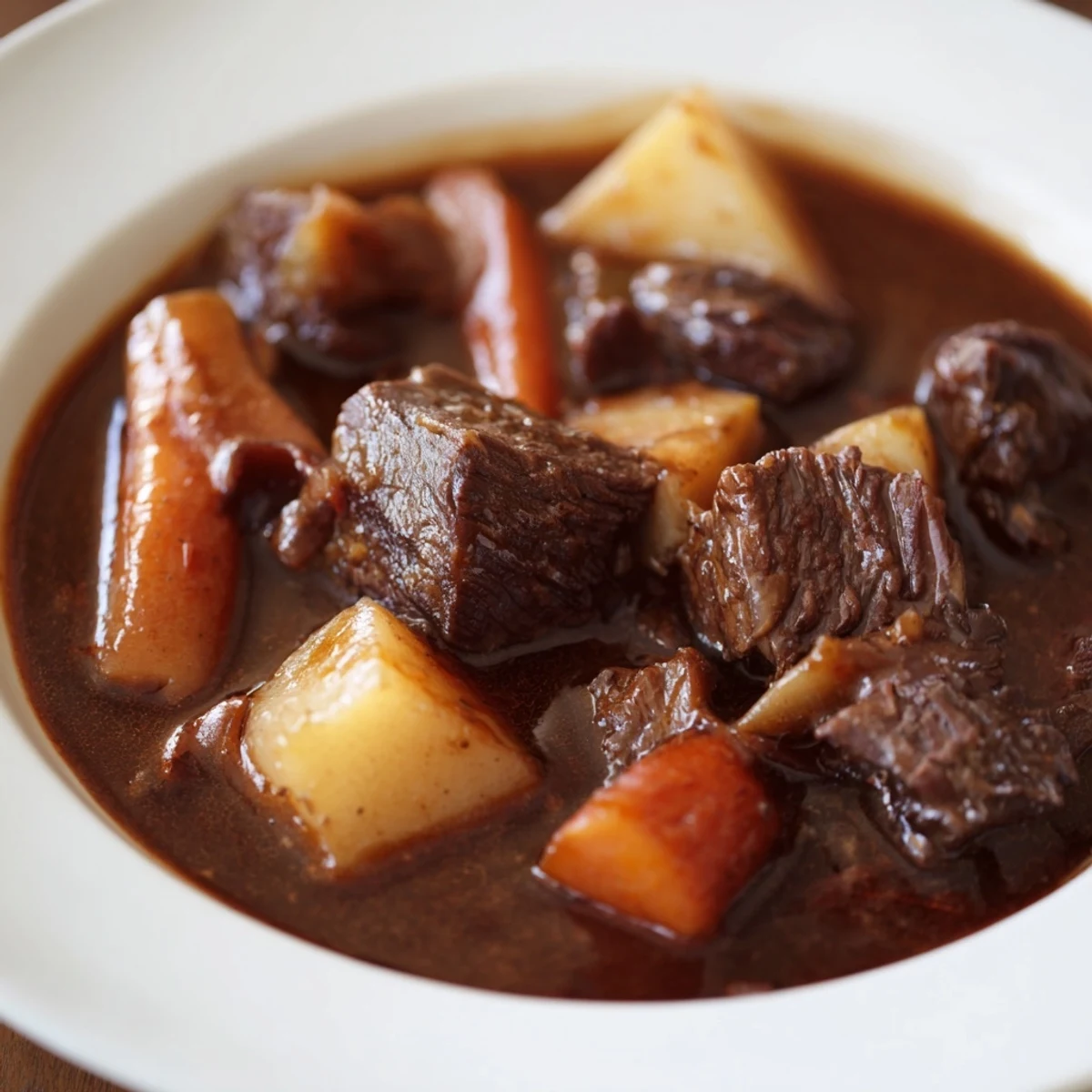 Comforting Irish Beef Stew with Root Vegetables simmers in a Dutch oven, revealing hearty meat and colorful root vegetables ready to be served.