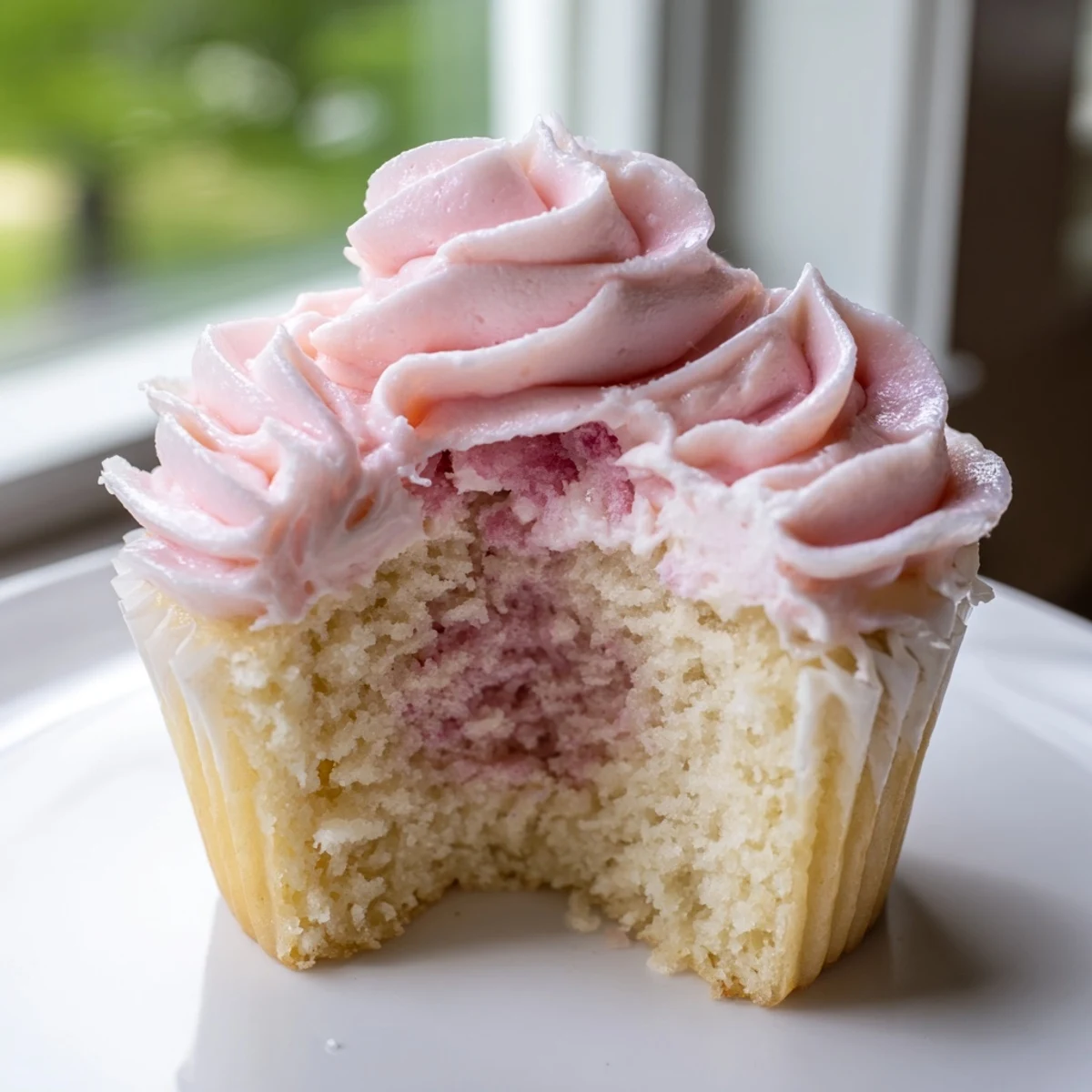 Close-up on fluffy frosting swirls of Valentine Pink Champagne Cupcakes garnished with sparkling edible glitter.