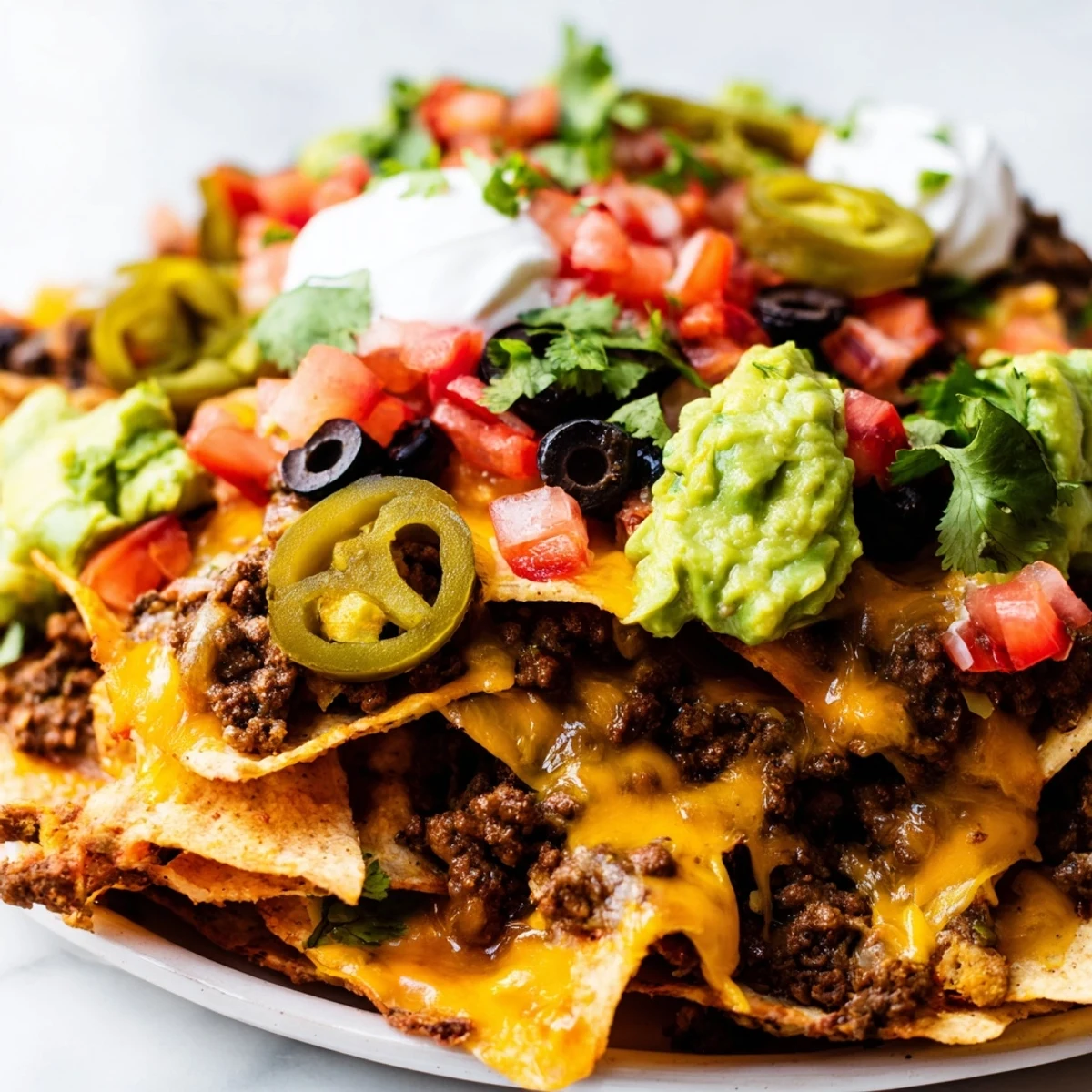 Heaping Beef Nacho Platter with All Toppings features melted cheddar and Monterey Jack on crispy tortilla chips.