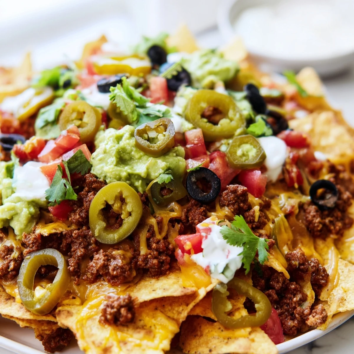 Golden, seasoned ground beef blankets the chips, topped with fresh jalapeños, diced tomatoes, and creamy avocado.