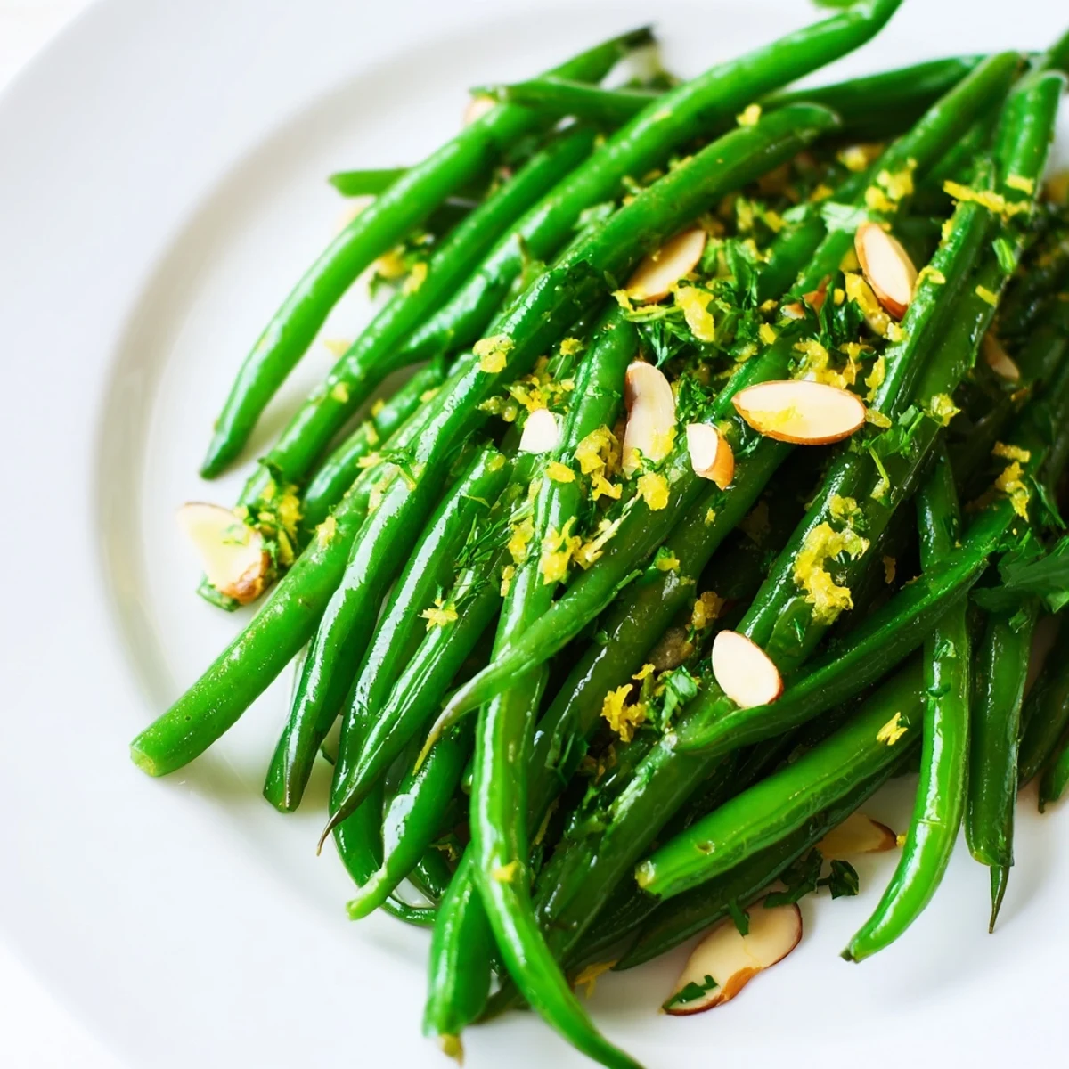 Bright Lemon Green Beans tossed with fragrant garlic and lemon zest, served warm as a simple vegan side dish.