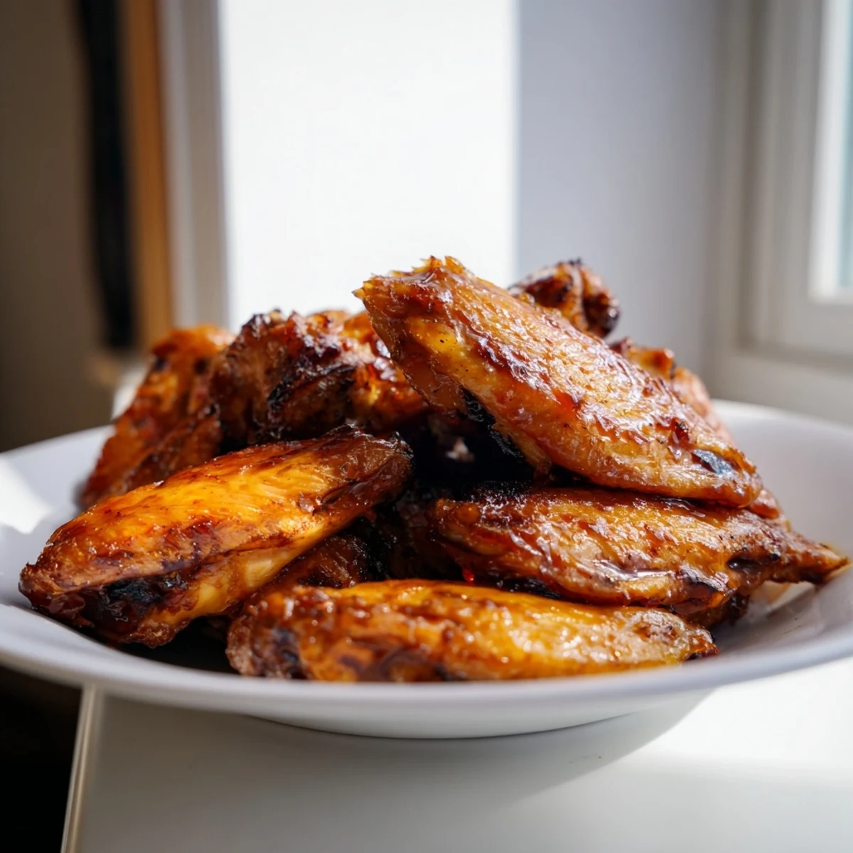 Crispy golden Touchdown Chicken Wings tossed in smoky barbecue sauce, served hot on a game day platter.