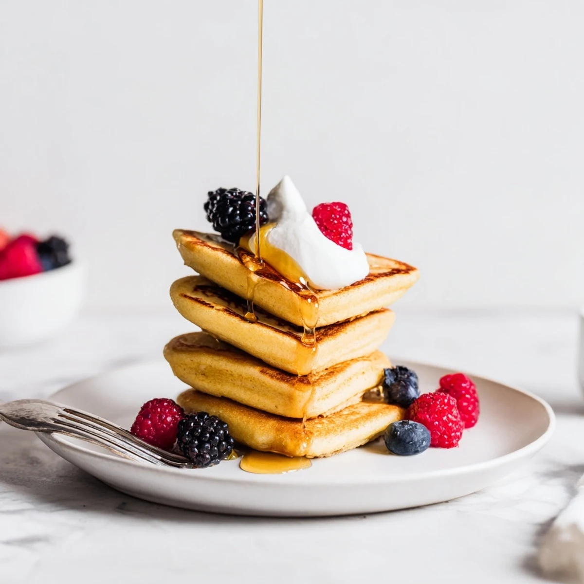 Fluffy golden Heart Shaped Pancakes stacked on a plate, drizzled with maple syrup and topped with fresh berries for a sweet breakfast.
