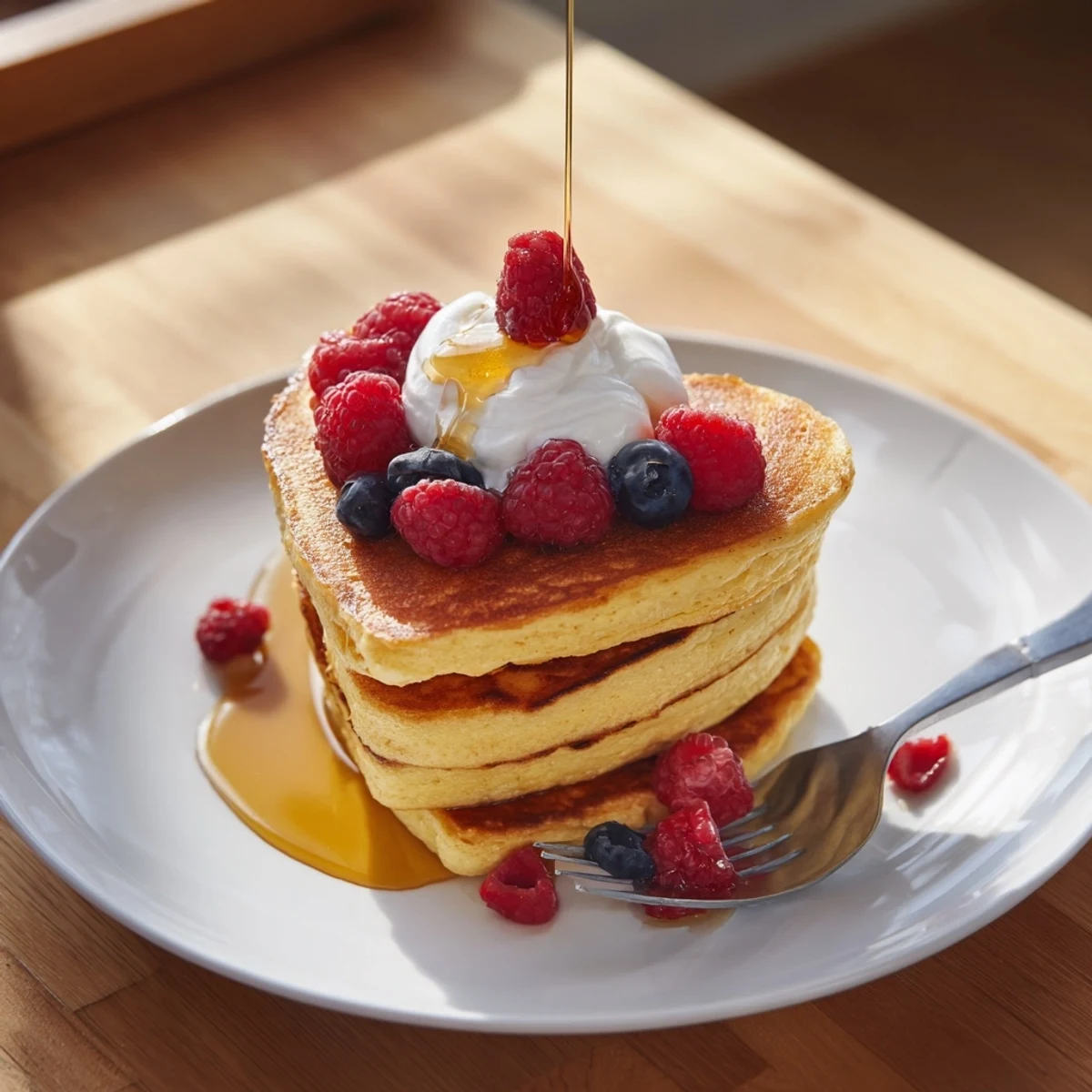 A serving of Heart Shaped Pancakes with powdered sugar and whipped cream, arranged on a cozy brunch table next to a cup of coffee.