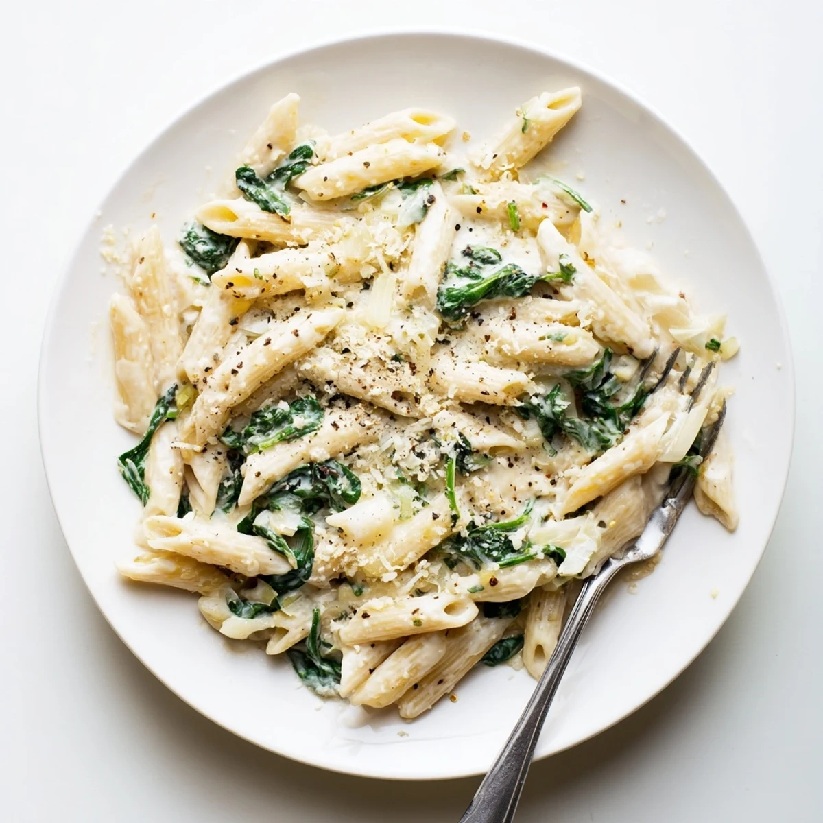 Creamy Spinach Pasta with Garlic features al dente penne coated in a velvety sauce, topped with extra Parmesan and fresh herbs for a weeknight dinner.  