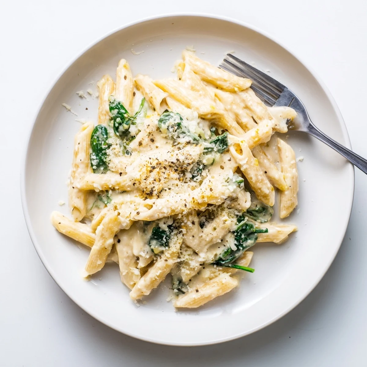 This Creamy Spinach Pasta with Garlic is garnished with cracked black pepper, inviting a comforting Italian-inspired meal for vegetarians.