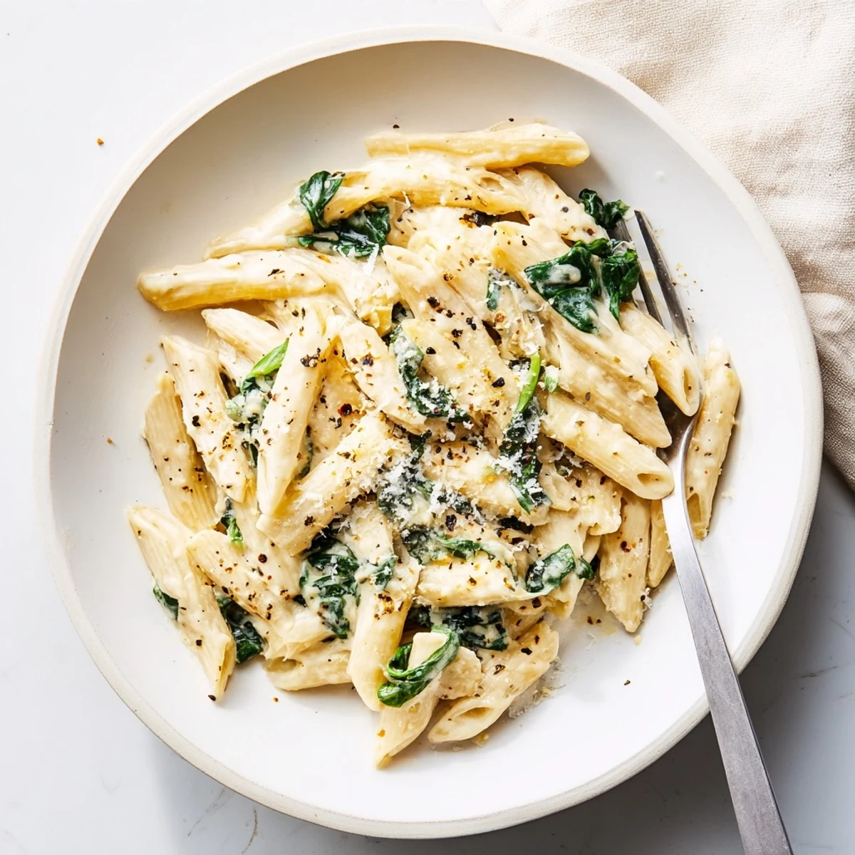 A close-up shows tender spinach leaves folded into rich, garlicky cream sauce, served warm in a rustic bowl with a golden crust.  