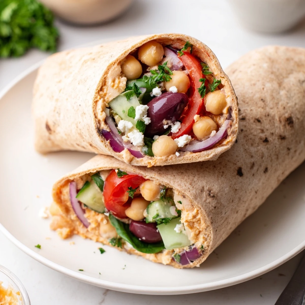 A vibrant Mediterranean Chickpea Wrap filled with chunky chickpea salad, crisp veggies, and creamy hummus on a whole wheat tortilla.