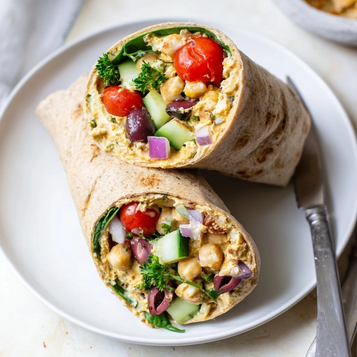 Freshly rolled Mediterranean Chickpea Wrap with cherry tomatoes, cucumber, and Kalamata olives, ready for a quick vegetarian lunch.