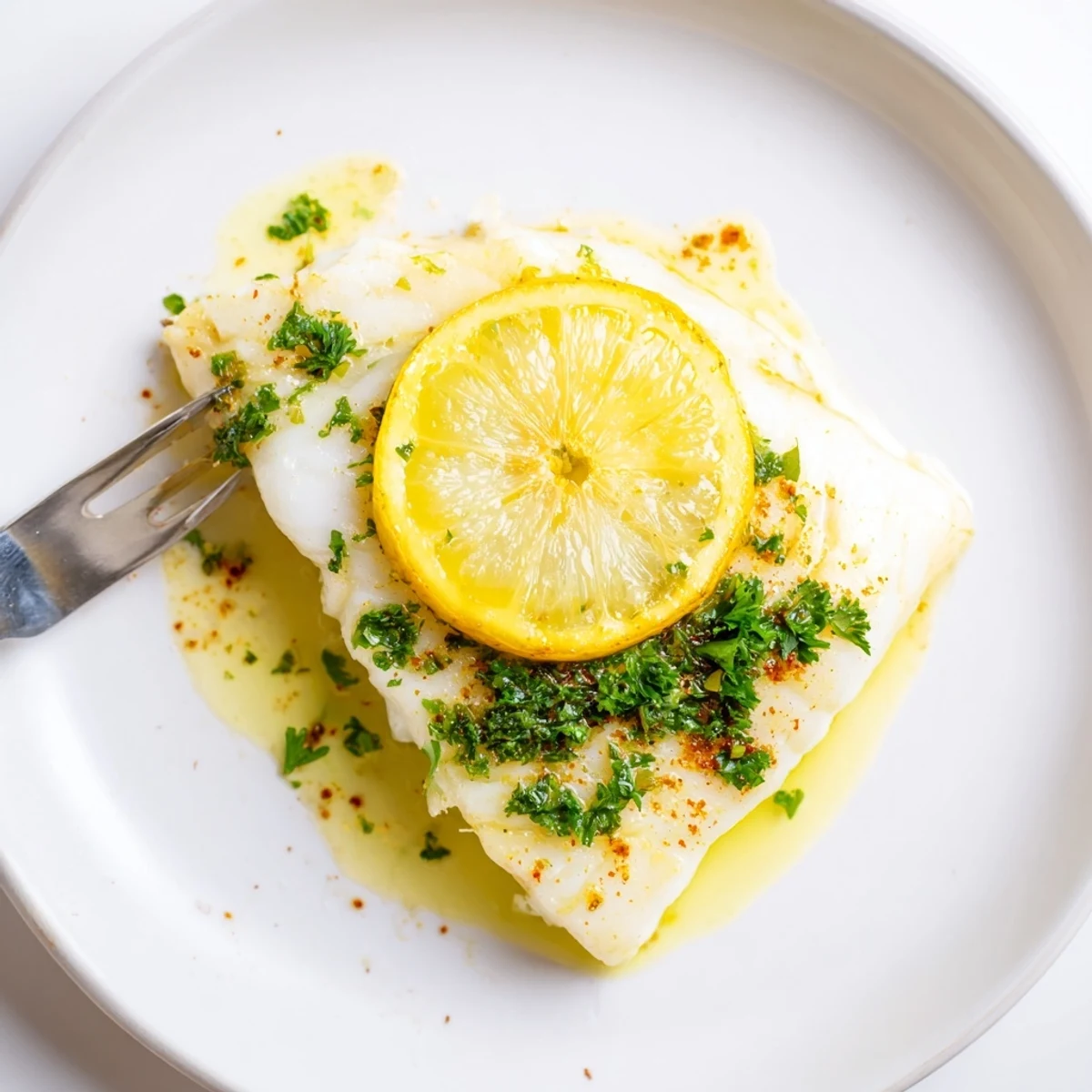 Golden-brown baked cod fillets glazed with melted butter and zesty lemon, garnished with fresh parsley and served alongside steamed green beans.  