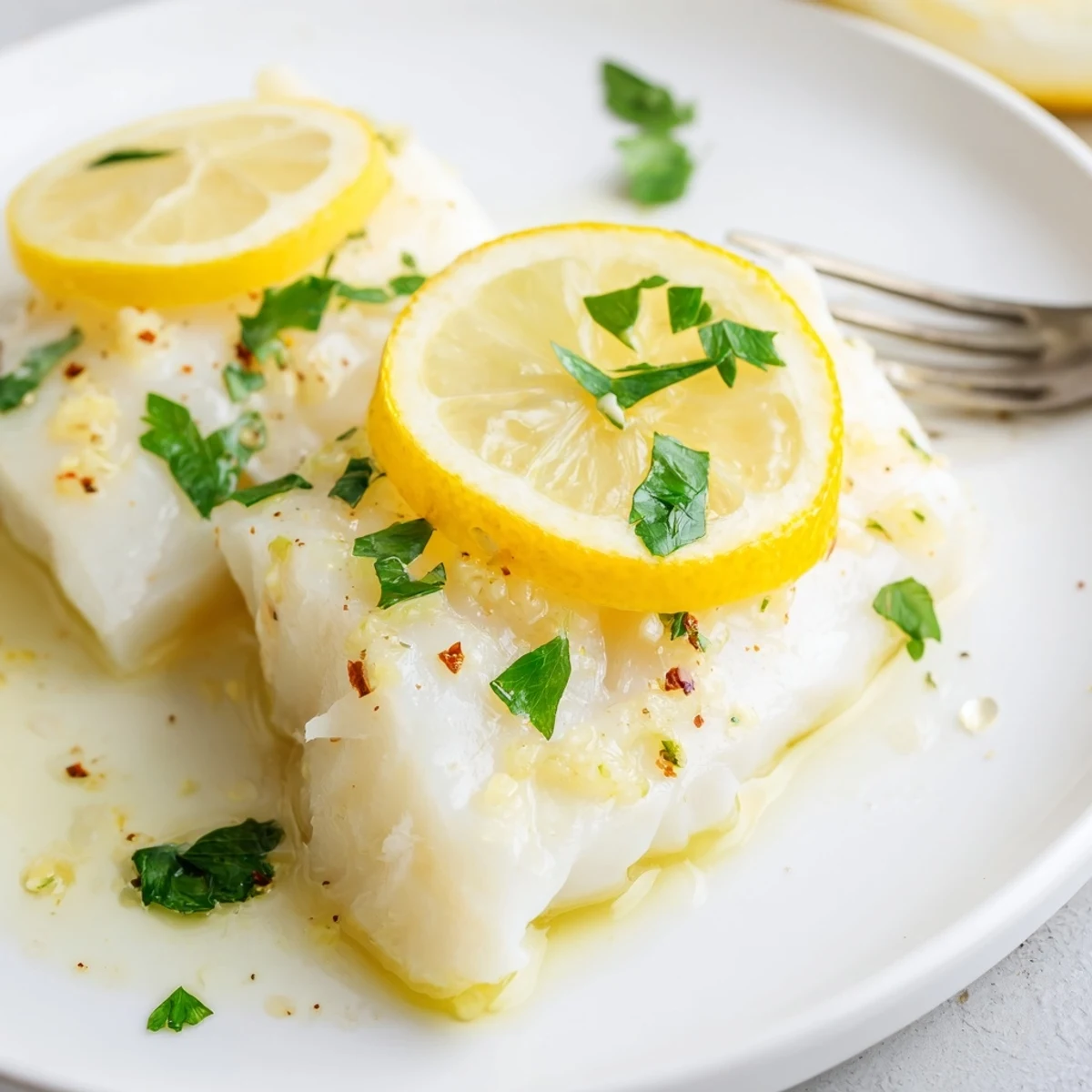 Baked Cod with Lemon and Butter fillets flake easily on a parchment-lined tray, topped with lemon slices and a bright buttery sauce.  