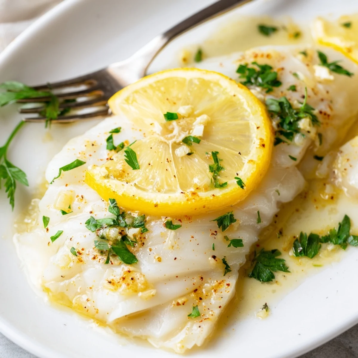 A close-up of tender Baked Cod with Lemon and Butter, drizzled with garlic-herb sauce and ready to pair with roasted potatoes.