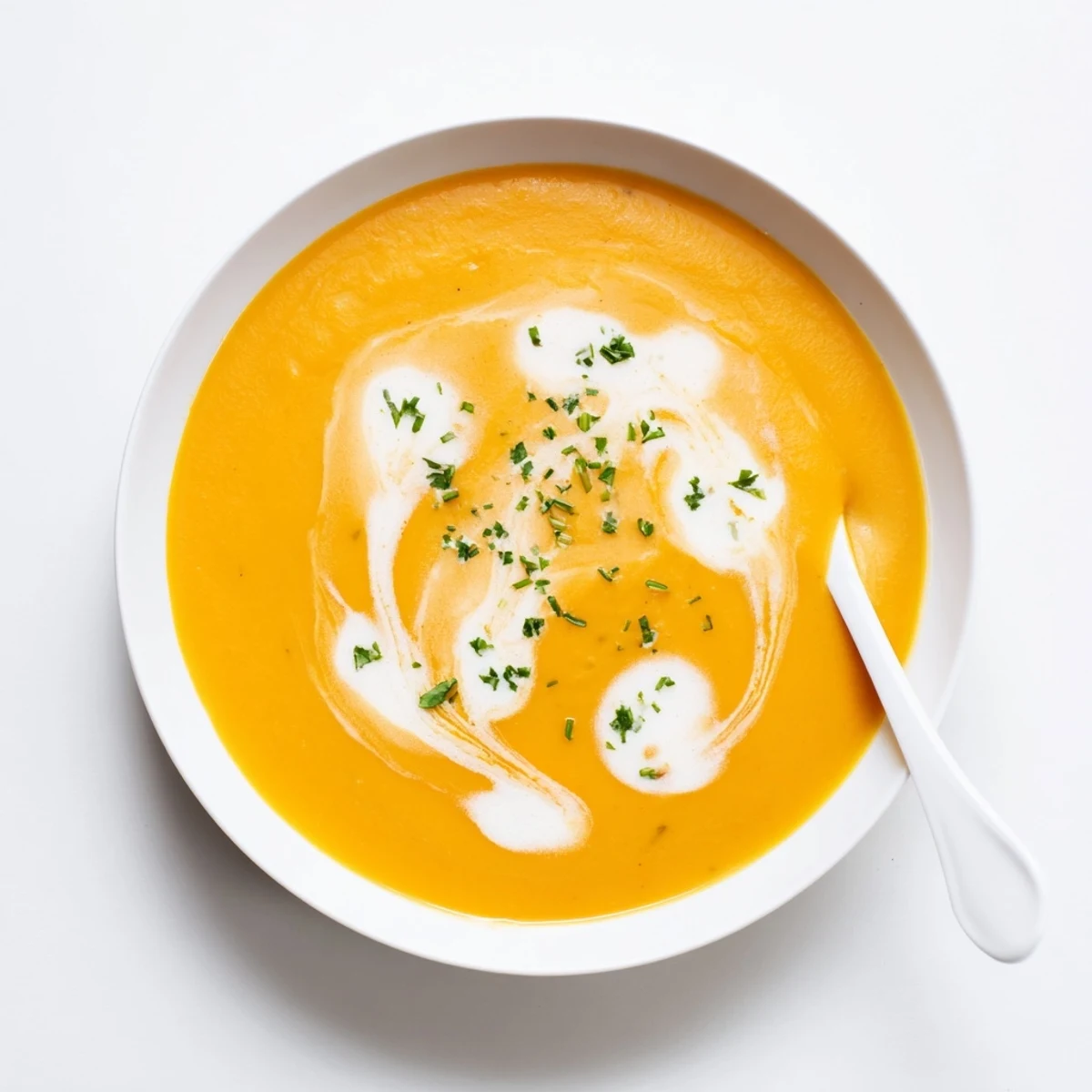 A close-up of Roasted Butternut Squash Soup ladled from a pot, served with crusty bread and fresh herbs.