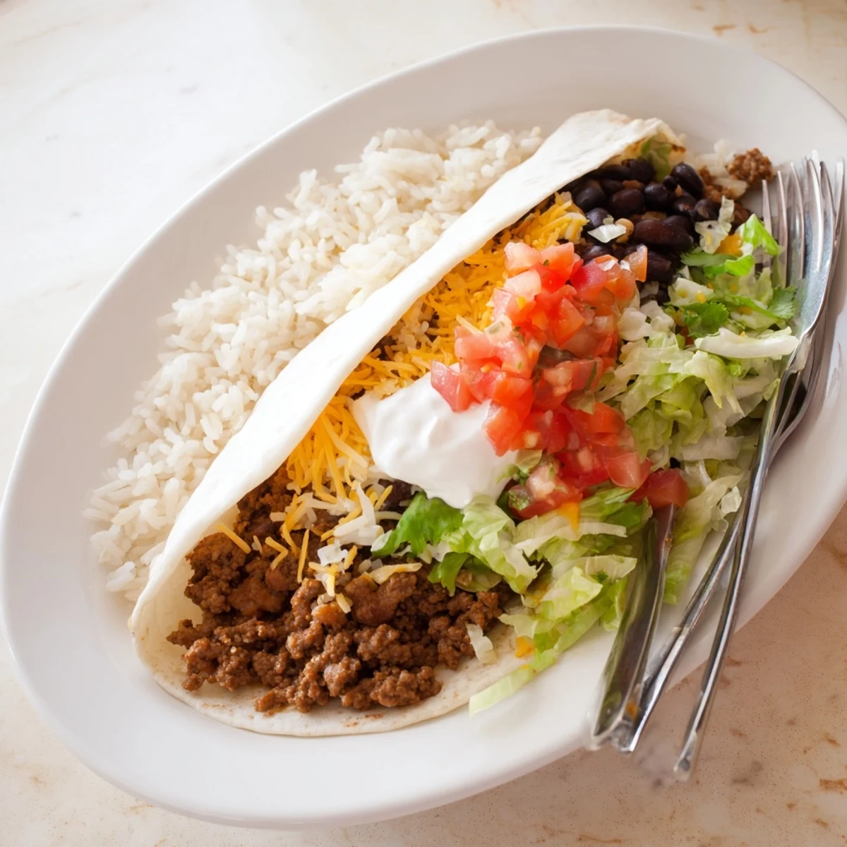 A close-up of a Beef Burrito with Rice and Beans, showcasing seasoned beef, fluffy rice, and black beans inside a warm flour tortilla.