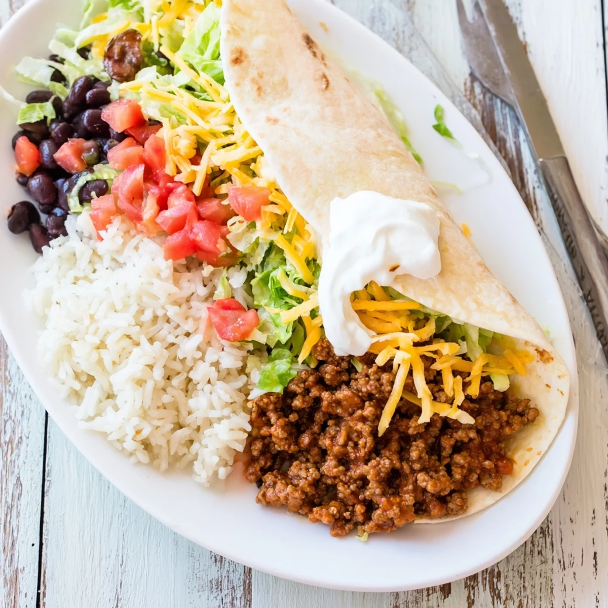 Two Beef Burritos with Rice and Beans are wrapped in foil on a rustic wooden table, accompanied by a bowl of fresh salsa.