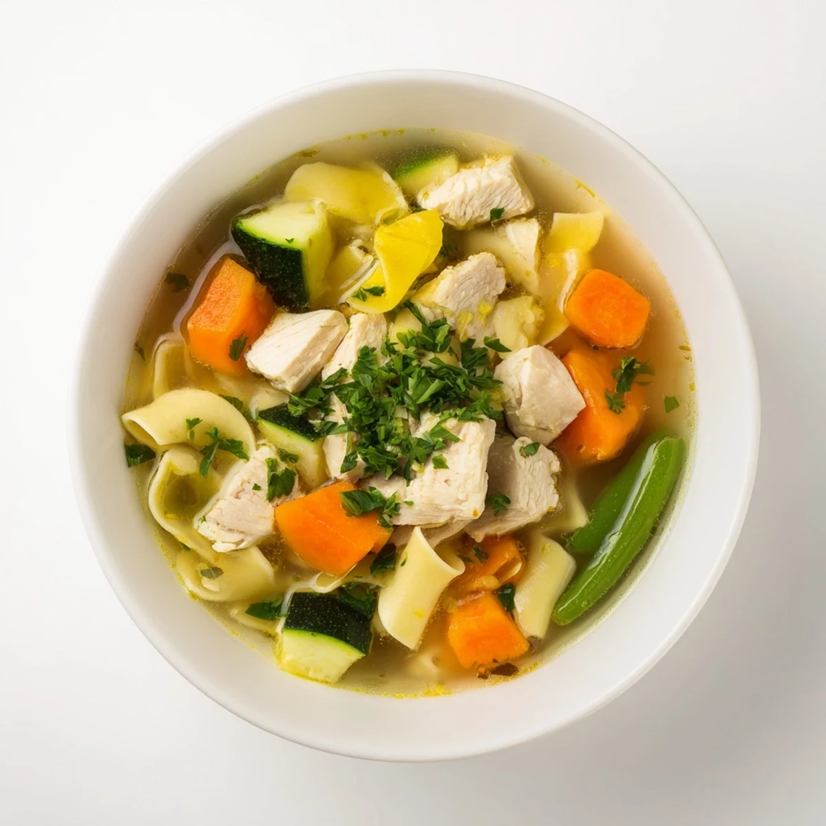 A steaming bowl of Chicken Vegetable Soup with Noodles features tender chicken, carrots, and green beans in a savory broth, garnished with fresh parsley.