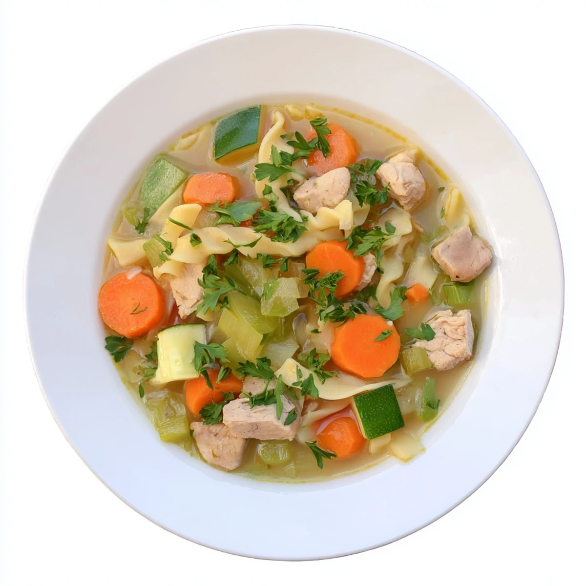 Close-up of Chicken Vegetable Soup with Noodles in a rustic mug, highlighting colorful zucchini, celery, and noodles glistening in the flavorful broth.