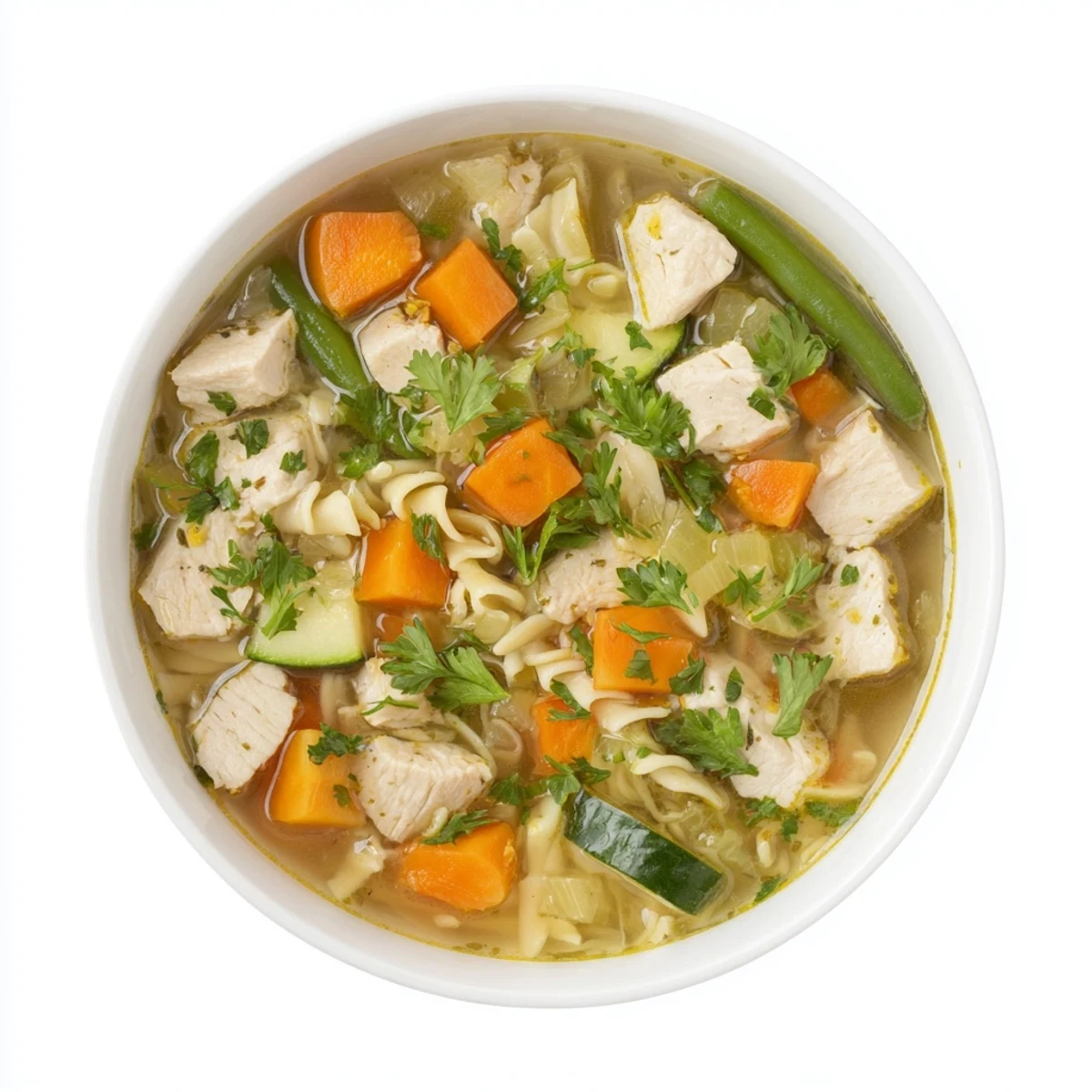 A ladle scoops Chicken Vegetable Soup with Noodles from a large pot, revealing hearty vegetables and tender chicken pieces ready to serve.
