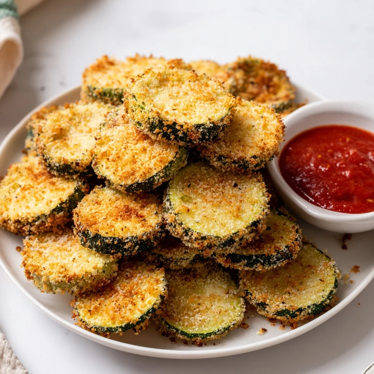 Golden, crispy air fryer zucchini chips piled high, seasoned with smoked paprika and ready for dipping in marinara sauce.
