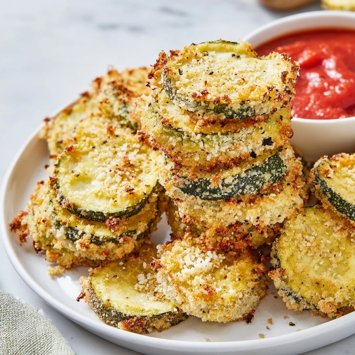 A close-up of golden zucchini chips with herbs and a side of ranch dressing, served fresh from the air fryer.