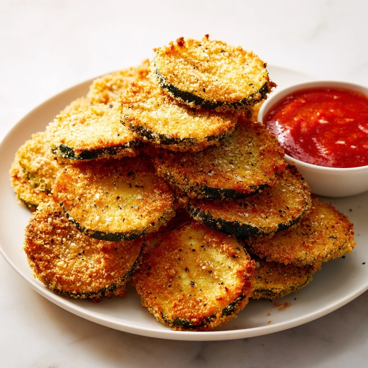 Thin slices of zucchini coated in almond flour and Parmesan, air fried to a perfect crunch for a healthy snack.