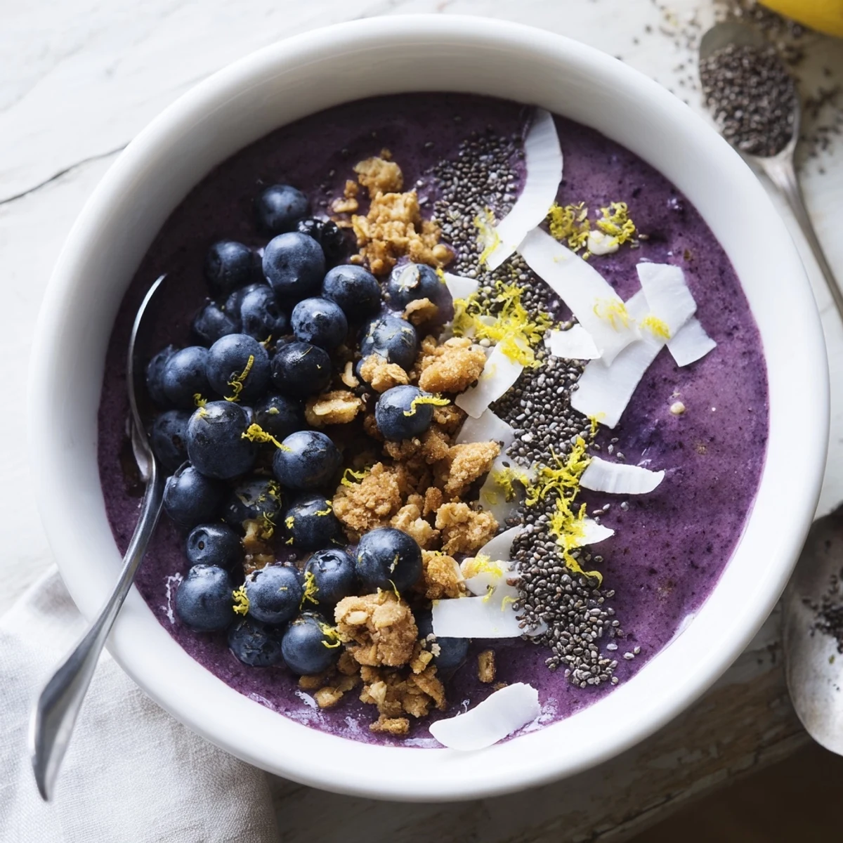 Vibrant Lemon Blueberry Smoothie Bowl topped with fresh berries, granola, coconut, and chia seeds for a colorful, nutritious breakfast.
