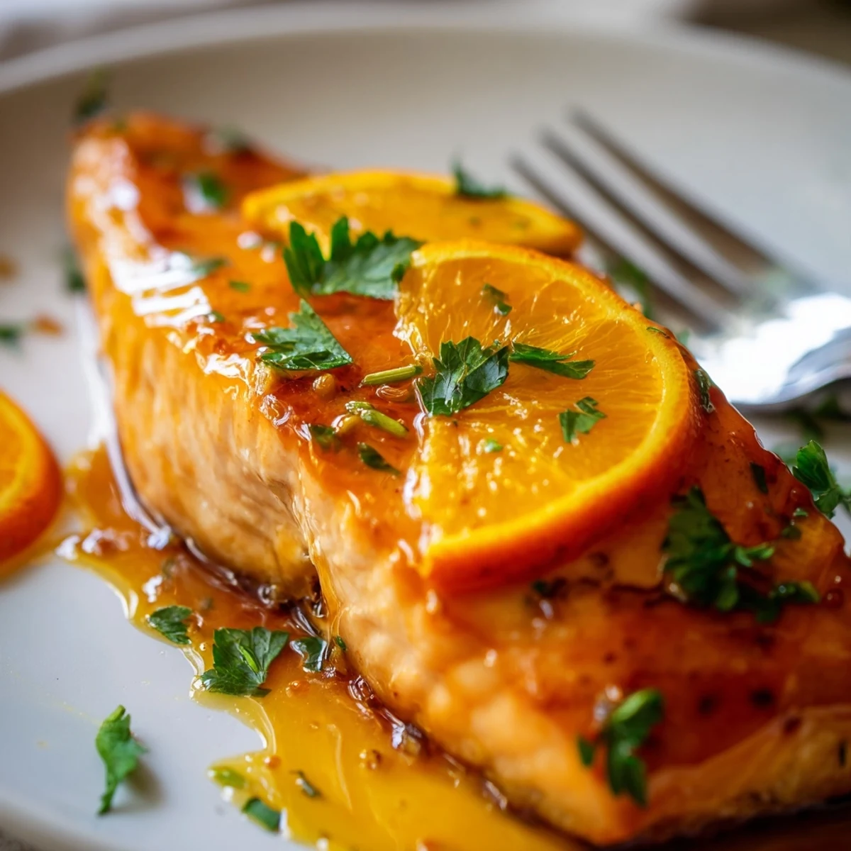 Freshly baked salmon fillets with a glossy orange glaze and parsley on a baking sheet, served with rice.