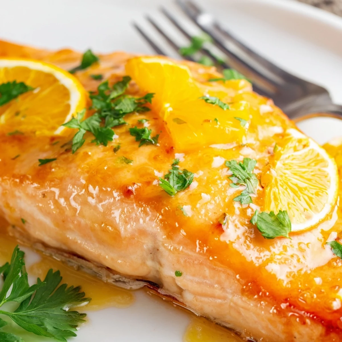 Golden Baked Salmon with Orange Glaze topped with fresh orange slices and parsley on a white plate.