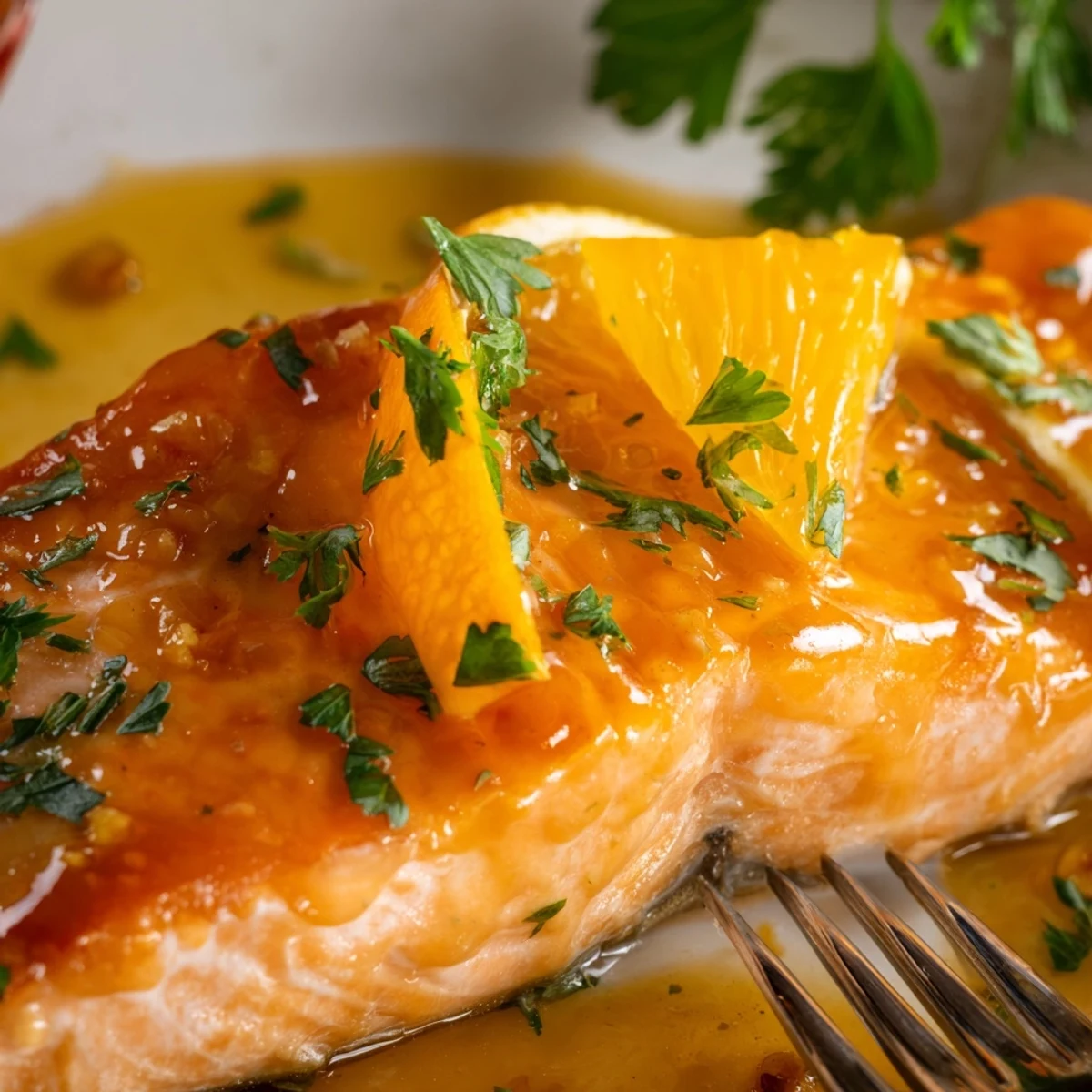 Tender, flaky Baked Salmon with Orange Glaze glistening with a sweet and tangy sauce, ready to serve.