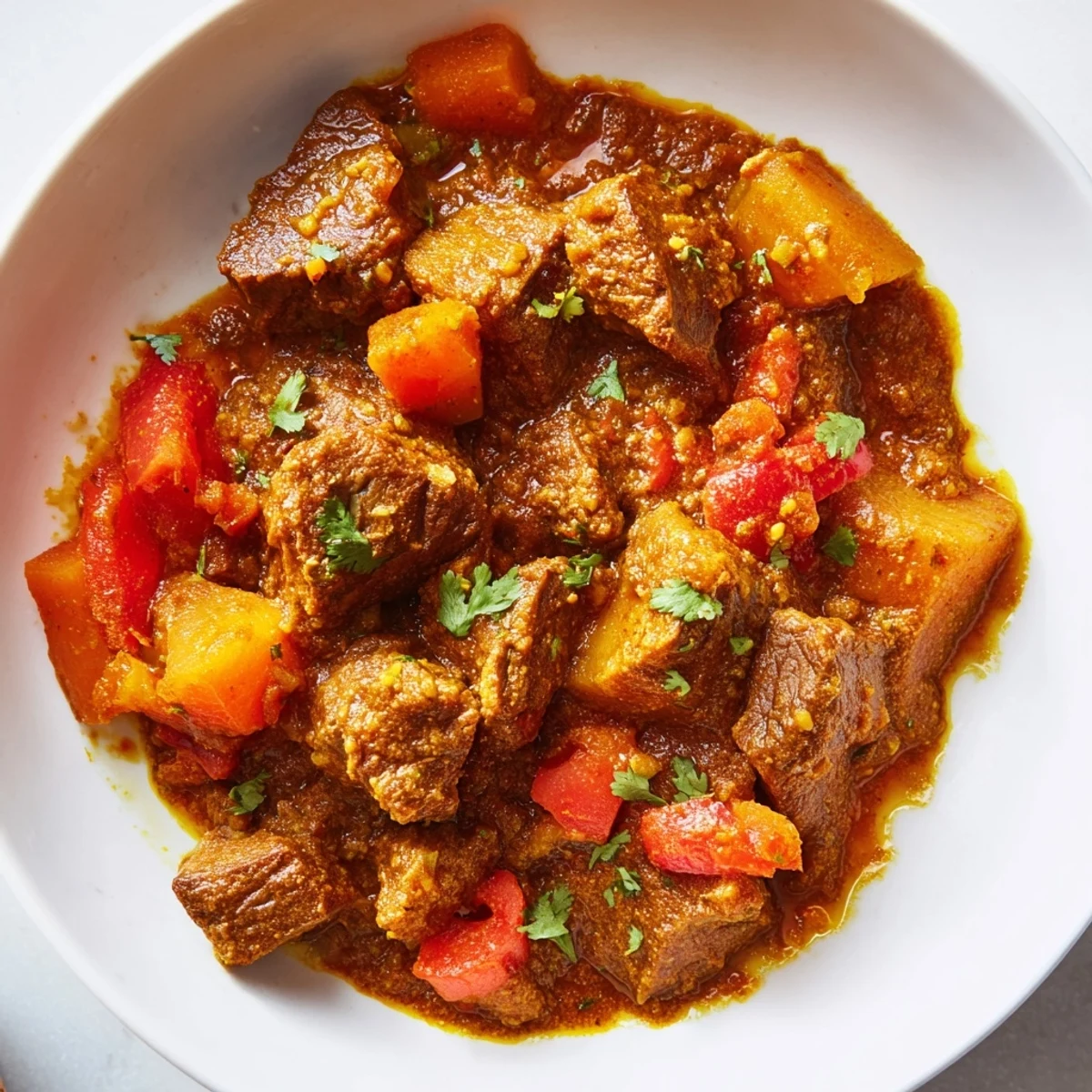 A slow cooker beef curry with tender beef chunks and colorful vegetables in a rich, aromatic sauce.