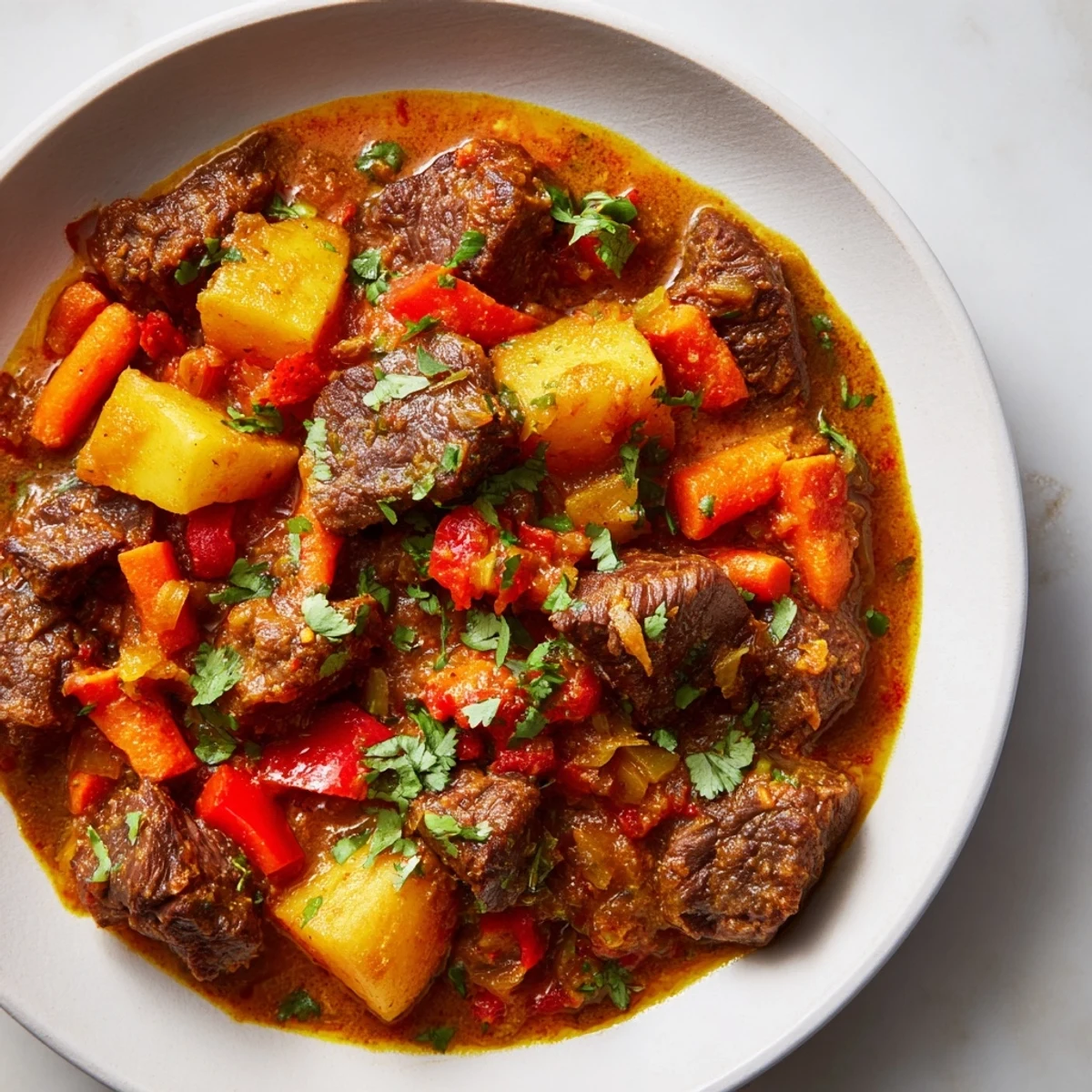 Hearty slow cooker beef curry served over fluffy rice with fresh cilantro and a lemon wedge.