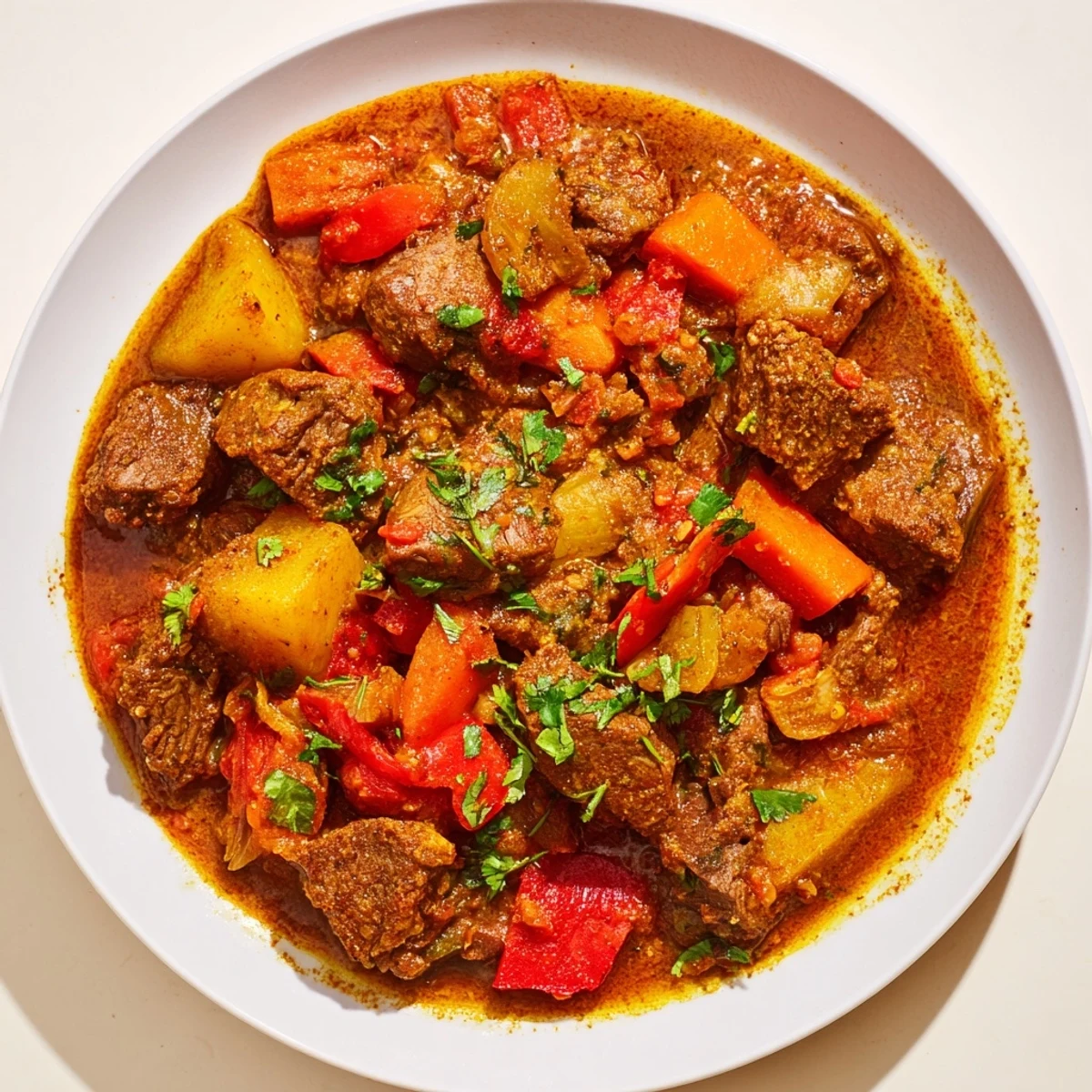 Slow cooker beef curry in a rustic bowl, steam rising, with warm naan on the side.