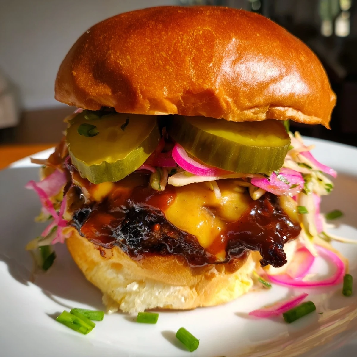 Golden brown Big Game BBQ Beef Sliders on Brioche with melted cheddar and pickles.