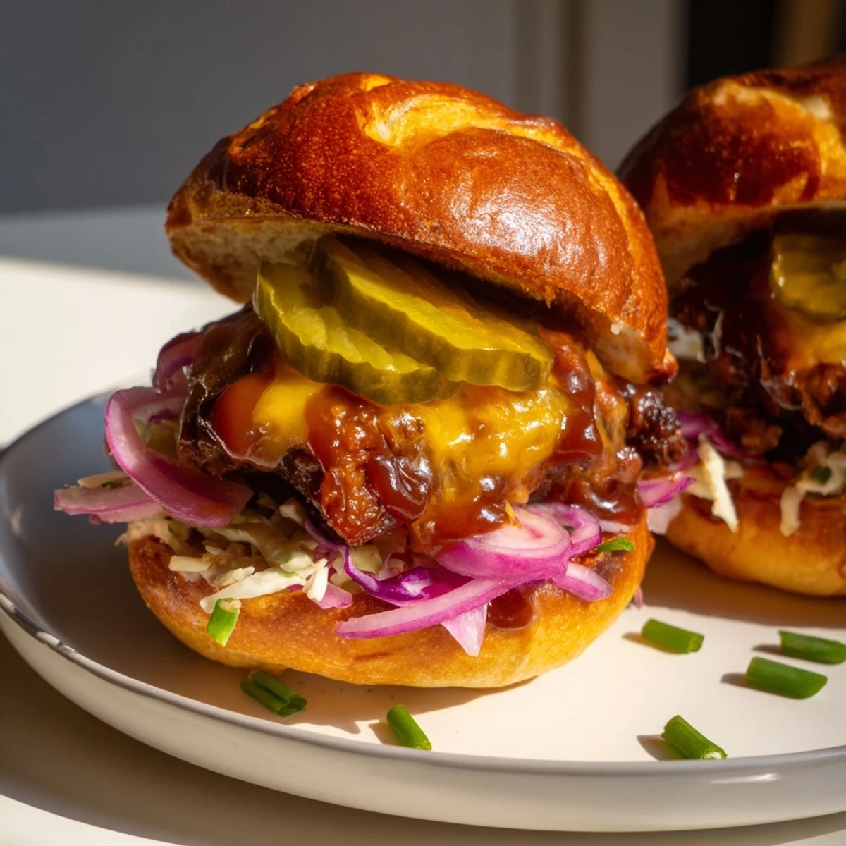 Saucy Big Game BBQ Beef Sliders on Brioche topped with coleslaw, red onion, and chives.