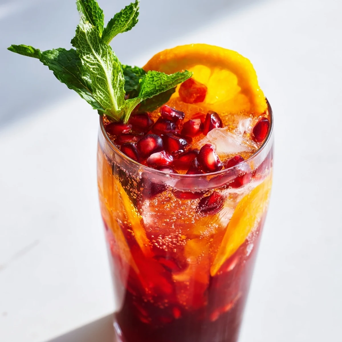 Two glasses of sparkling Love Potion Pomegranate Mocktail Fizz topped with fresh pomegranate seeds.