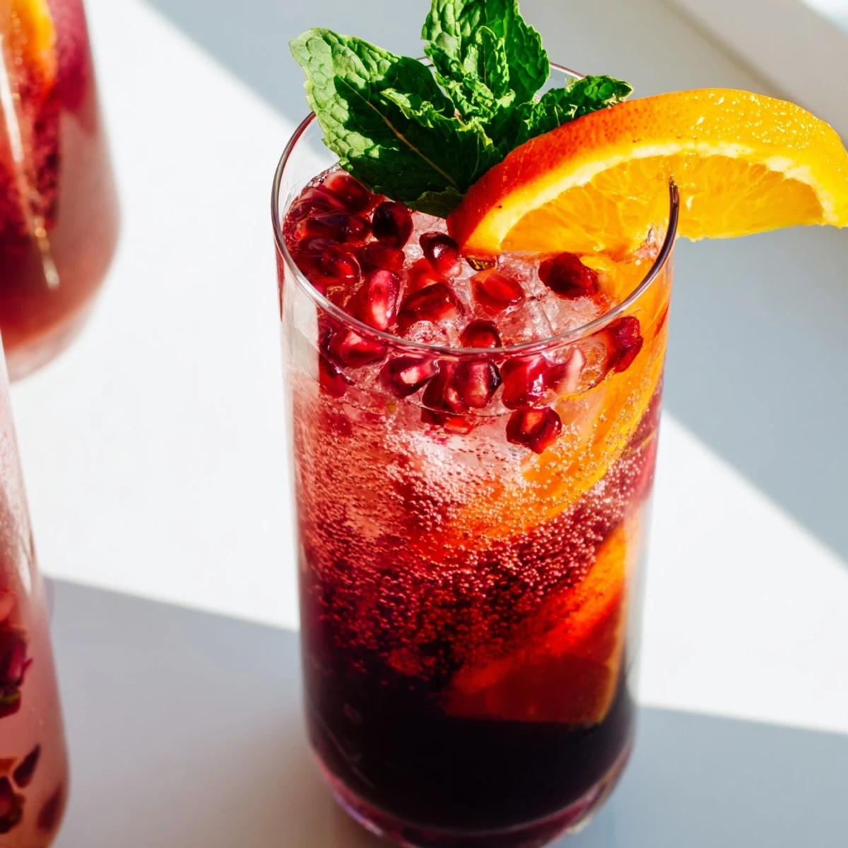 Close up of vibrant Love Potion Pomegranate Mocktail Fizz with ice, citrus slices, and mint.