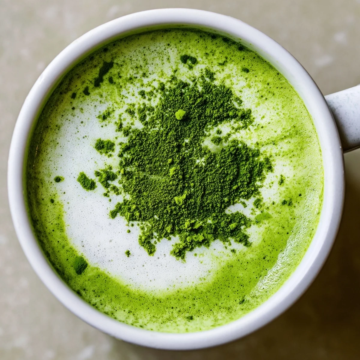 Two vibrant green Shamrock Green Matcha Lattes with honey, topped with a light dusting of matcha powder and served on a marble counter.