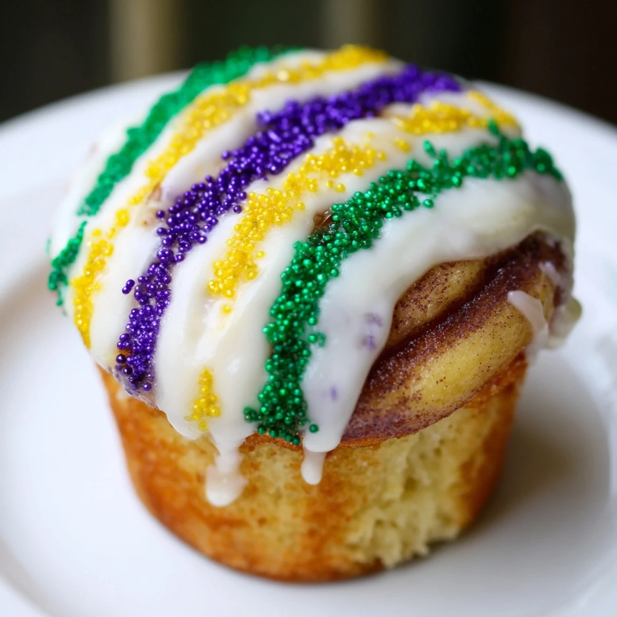 Freshly baked Mardi Gras King Cake Cupcakes with vibrant purple, green, and gold icing drizzle.