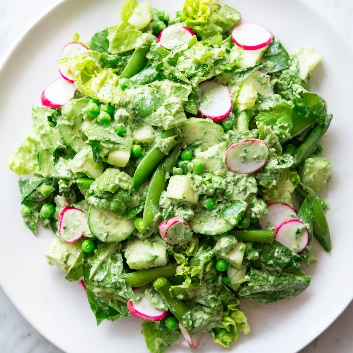 Green Goddess Salad with Avocado Dressing featuring crisp romaine and cucumbers in a creamy, herbaceous dressing.