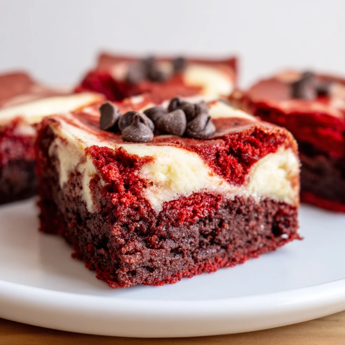 Close-up of Red Velvet Cheesecake Brownie Bites showing a rich red crumb and creamy, marbled cheesecake swirl.