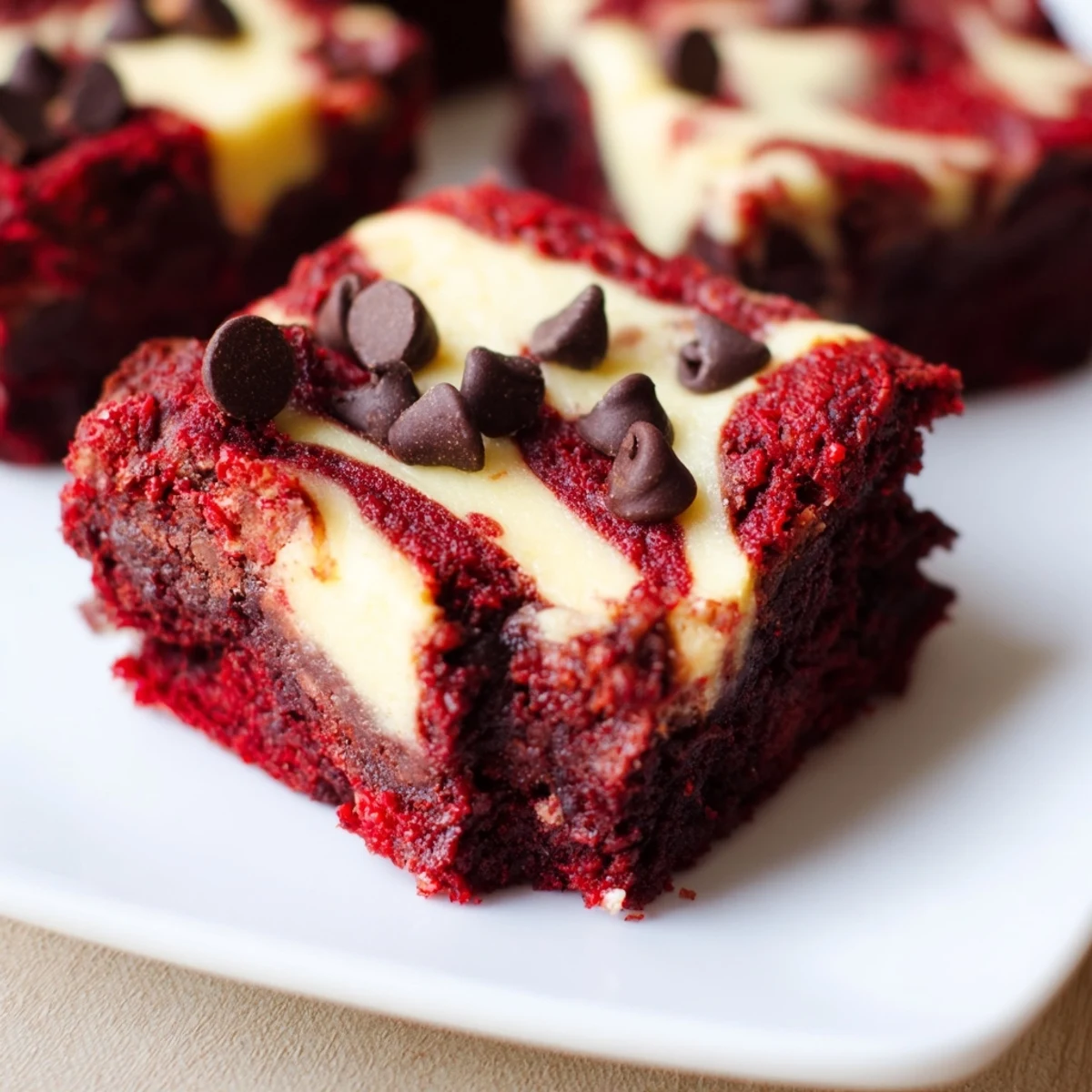A platter of Red Velvet Cheesecake Brownie Bites dusted with powdered sugar on a dessert table.