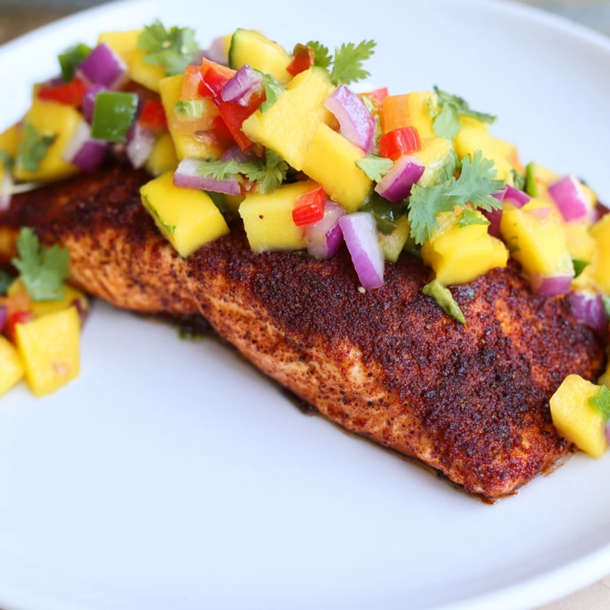 Golden-brown blackened salmon fillets sizzle in a cast-iron skillet, featuring a spicy Cajun crust topped with fresh mango salsa and sliced lime wedges.