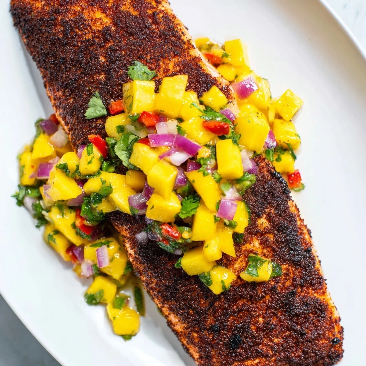 Succulent Cajun Blackened Salmon with Mango Salsa plated over fluffy white rice, garnished with cilantro and a vibrant lime slice for a gluten-free main course.
